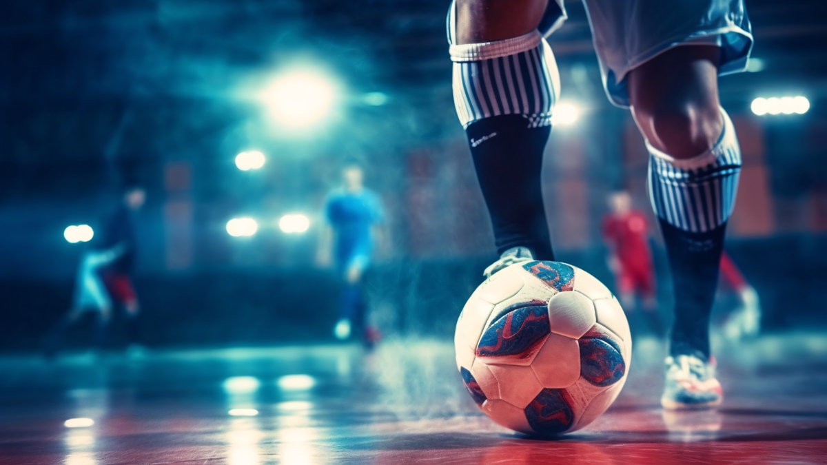 Soccer player dribbling ball on indoor court.